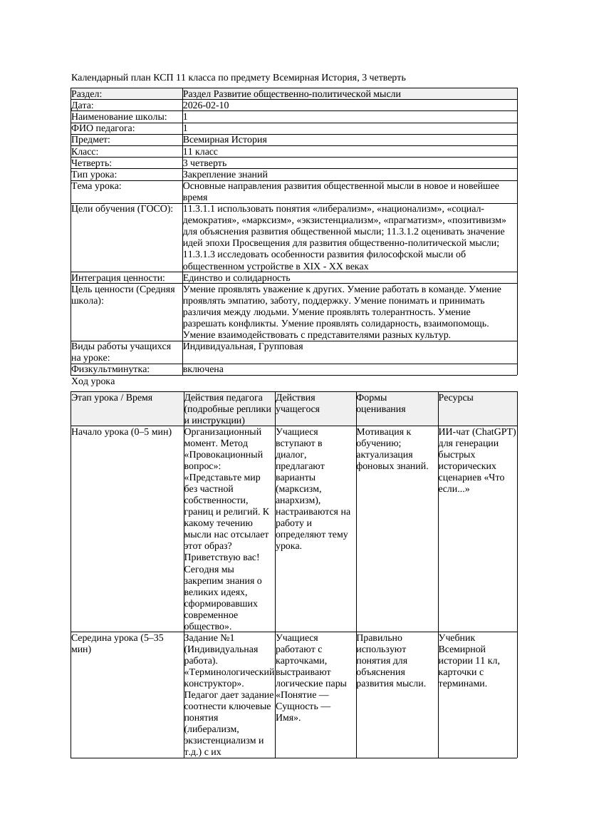 1КСП Всемирная История 11класс 3четверть Основные направления развития
