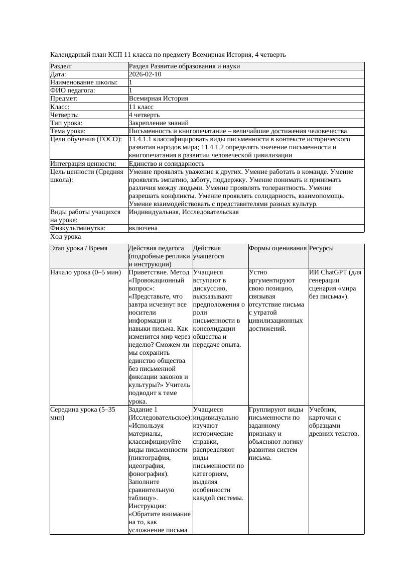 1КСП Всемирная История 11класс 4четверть Письменность и книгопечатание