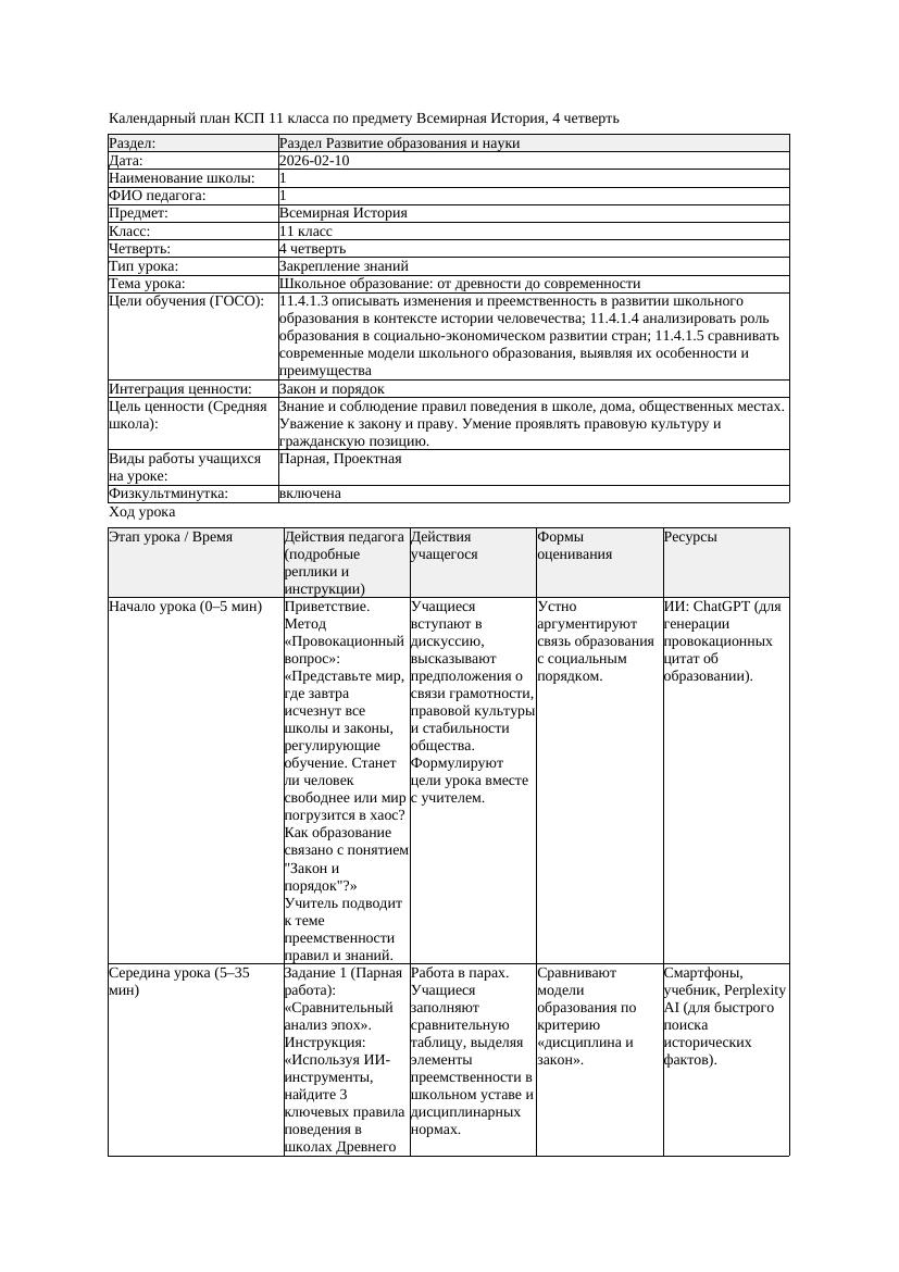 1КСП Всемирная История 11класс 4четверть Школьное образование от