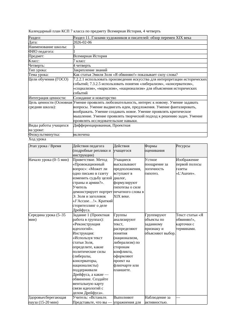 1КСП Всемирная История 7класс 4четверть Как статья Эмиля Золя Я