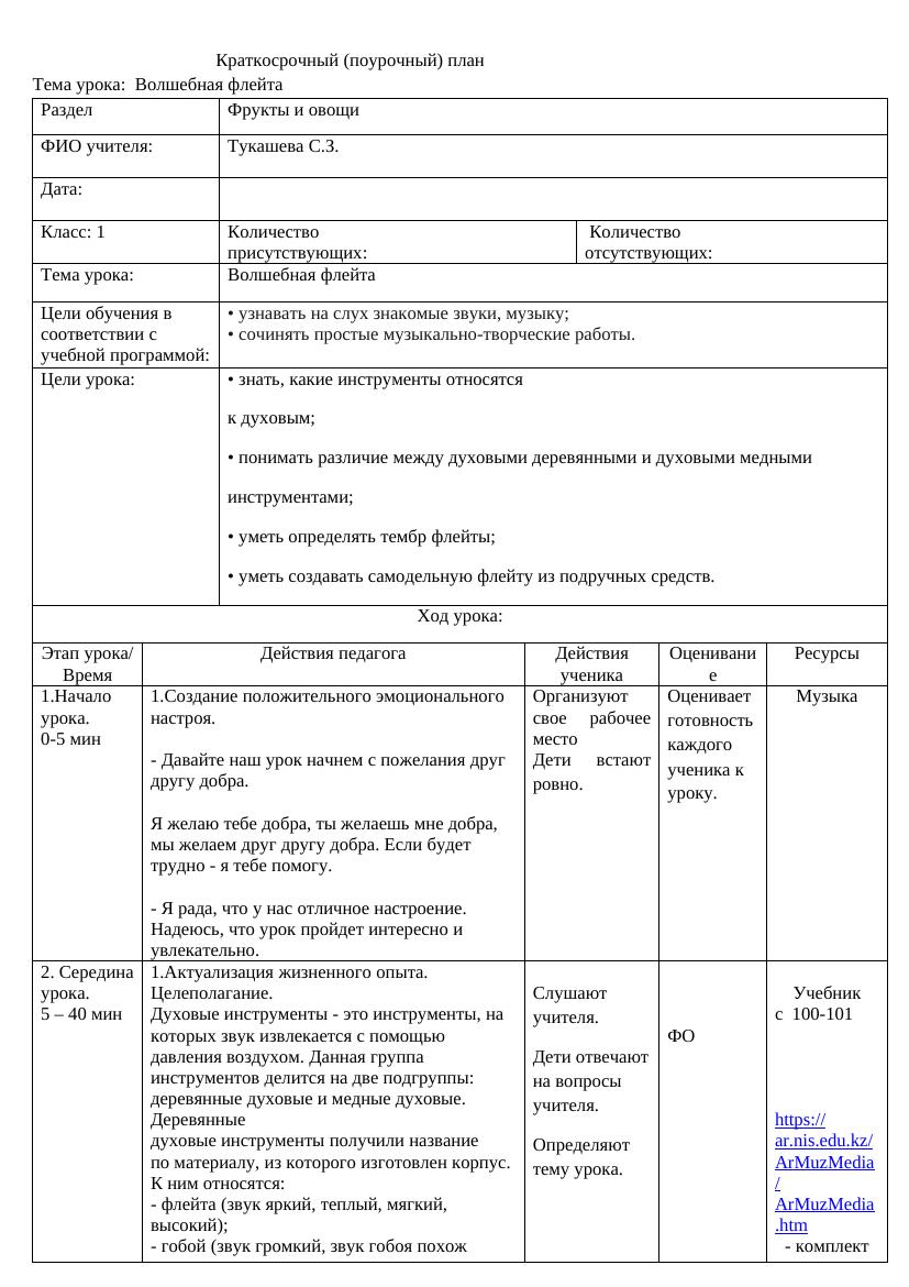 28 урок в 1 классе: Изучаем волшебный мир флейты и духовых инструментов
