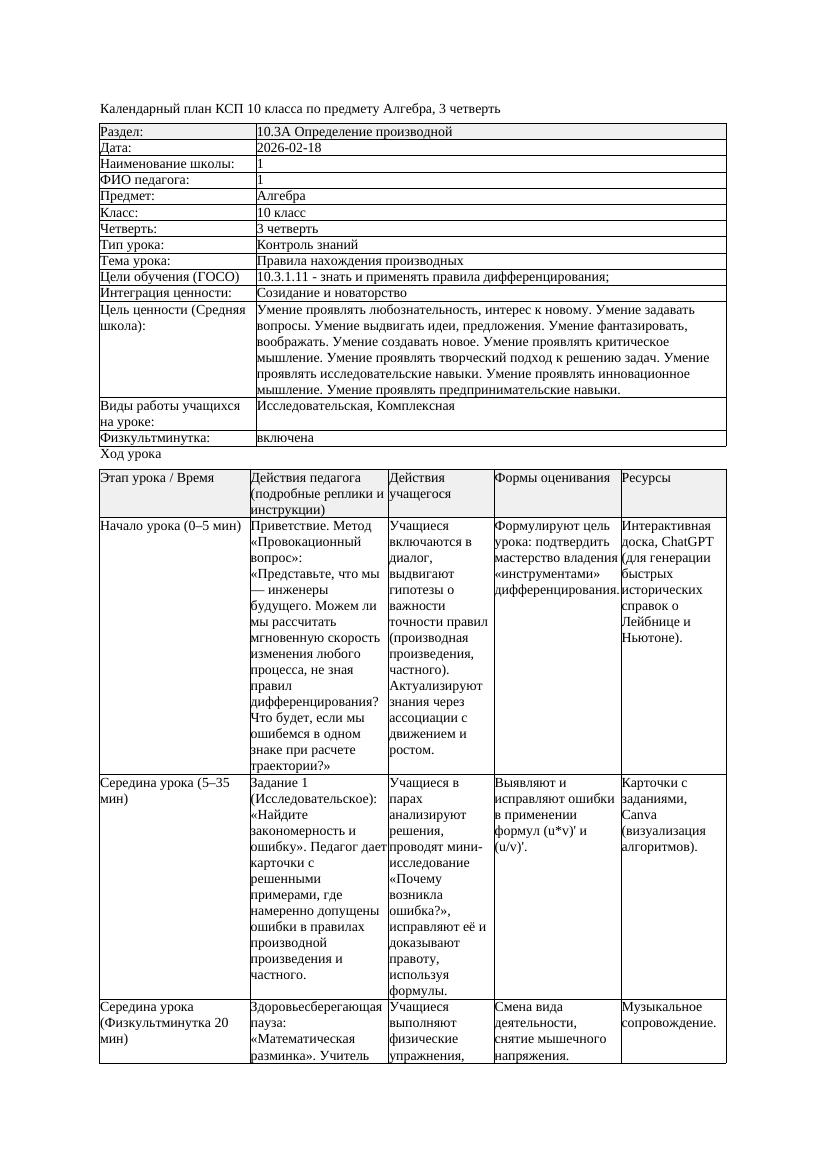 2КСП Алгебра 10класс 3 четверть Правила нахождения производных 20260218