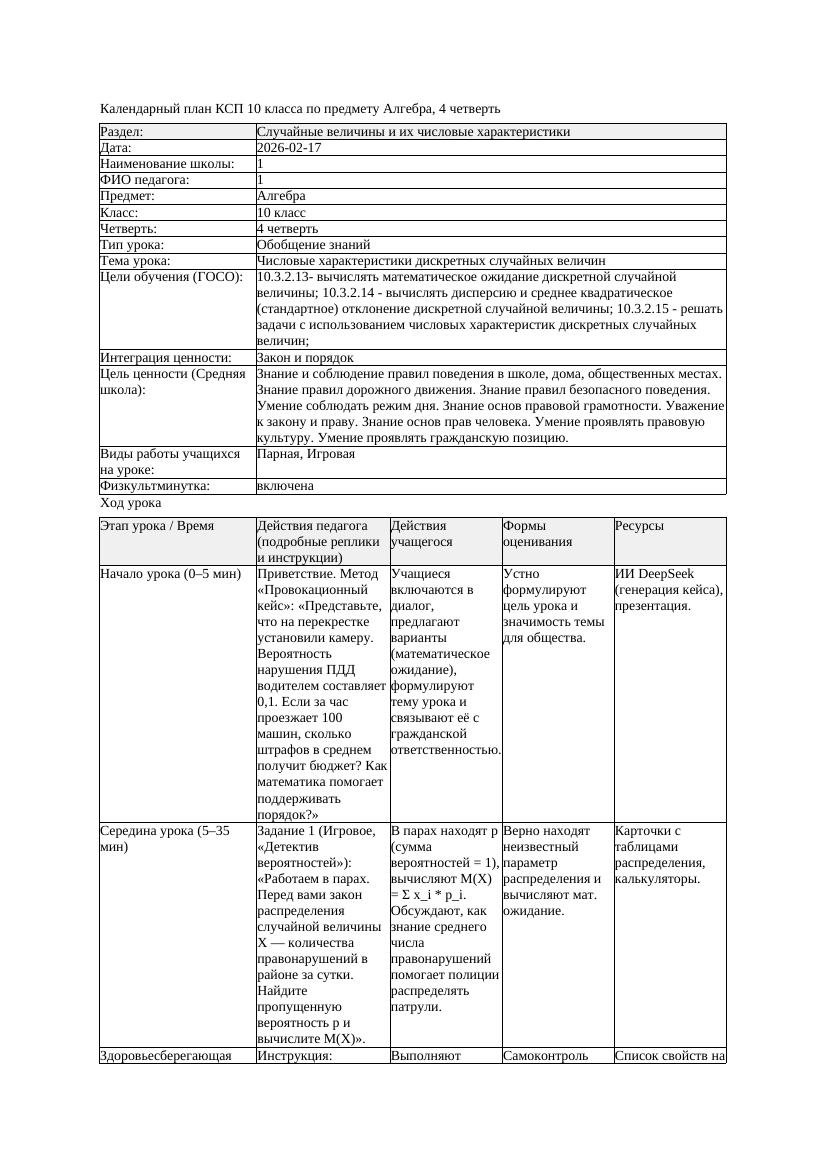 2КСП Алгебра 10класс 4 четверть Числовые характеристики дискретных