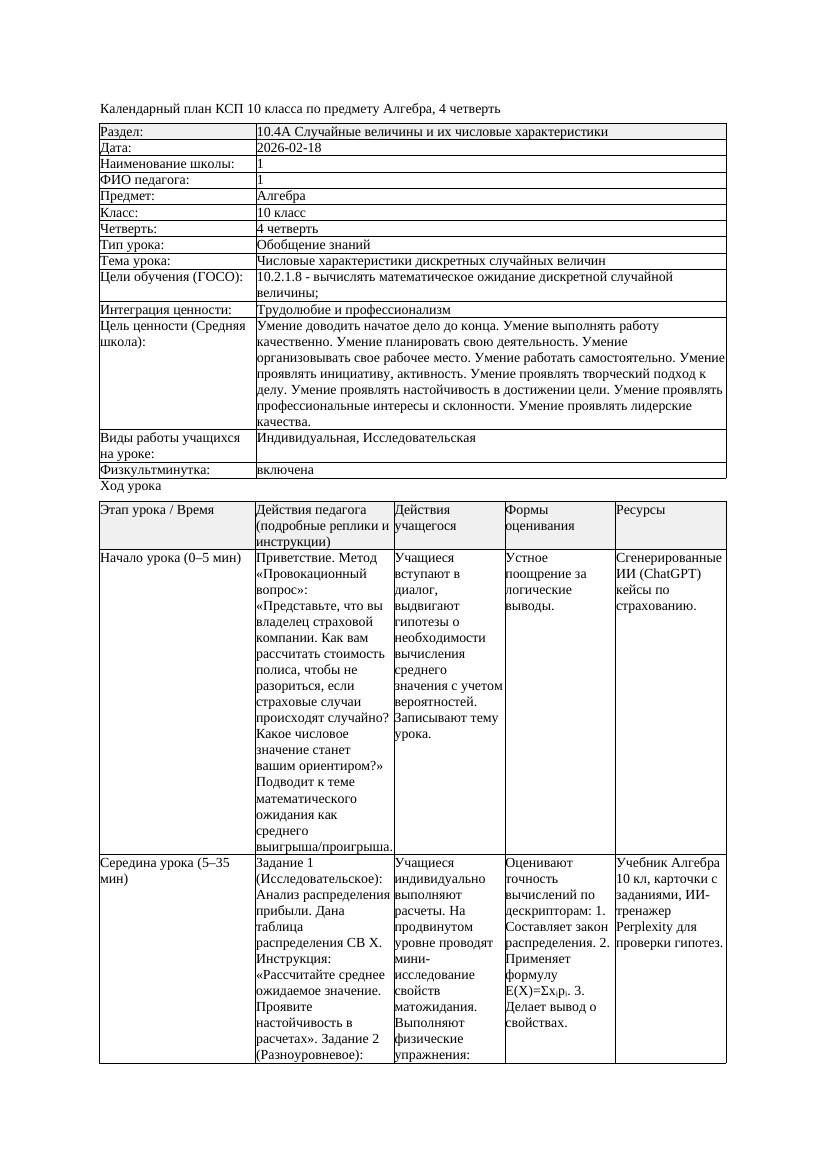 2КСП Алгебра 10класс 4 четверть Числовые характеристики дискретных