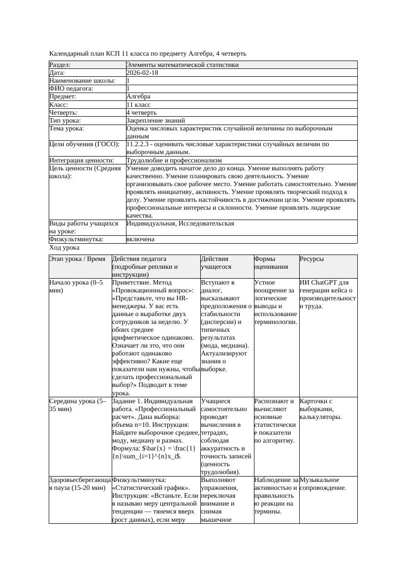 2КСП Алгебра 11класс 4 четверть Оценка числовых характеристик случайной