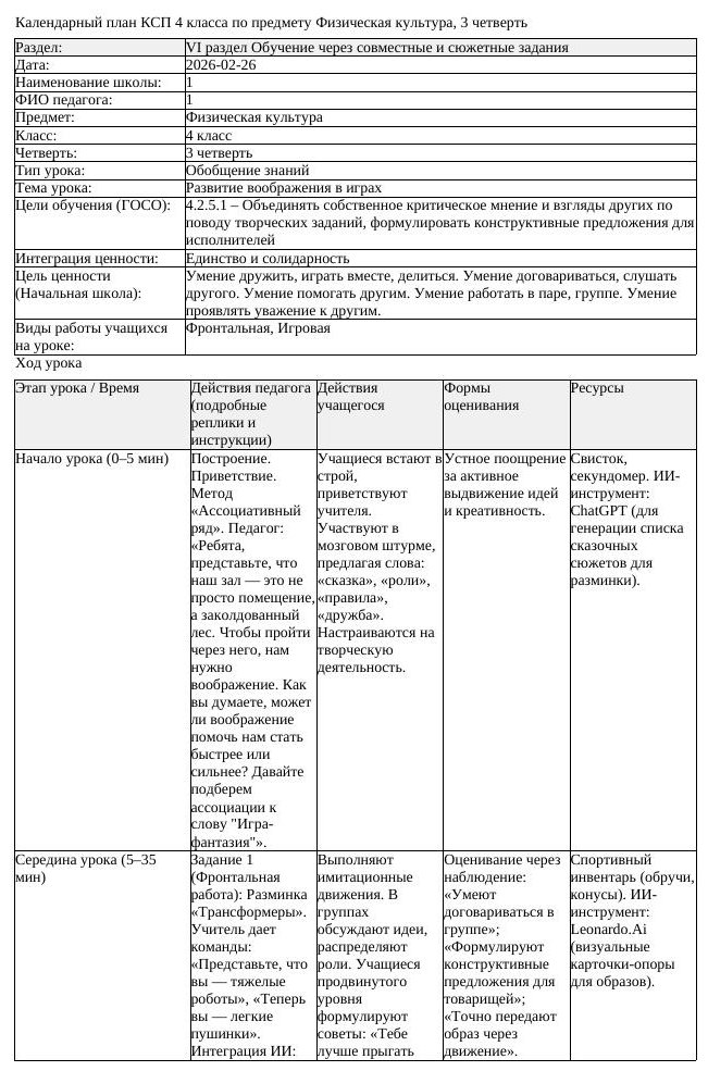 2КСП Физическая культура 4класс 3 четверть Развитие воображения