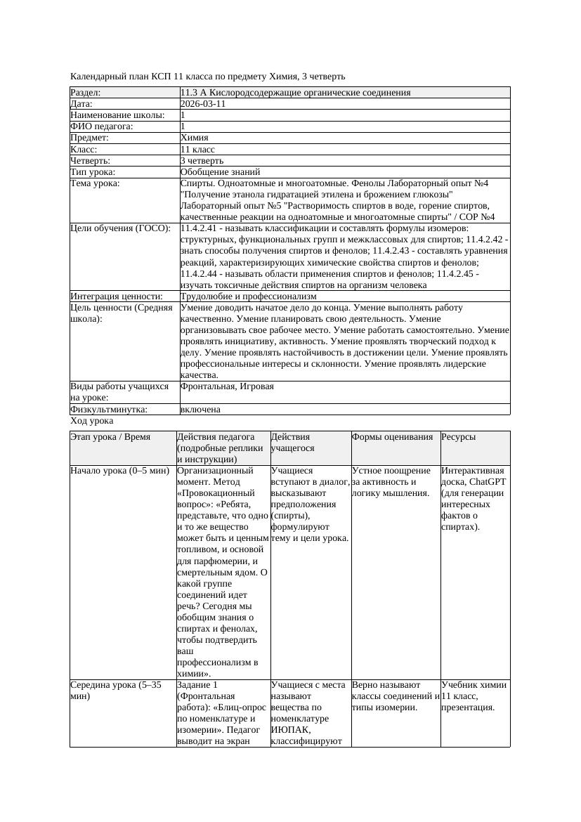 2КСП Химия 11класс 3 четверть Спирты Одноатомные и многоатомные