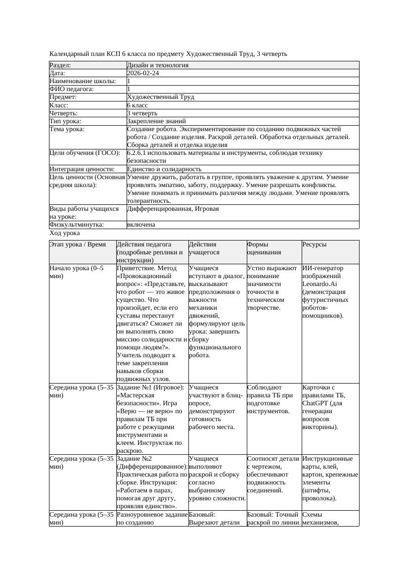 2КСП Художественный Труд 6класс 3 четверть Создание робота Экспериментирова