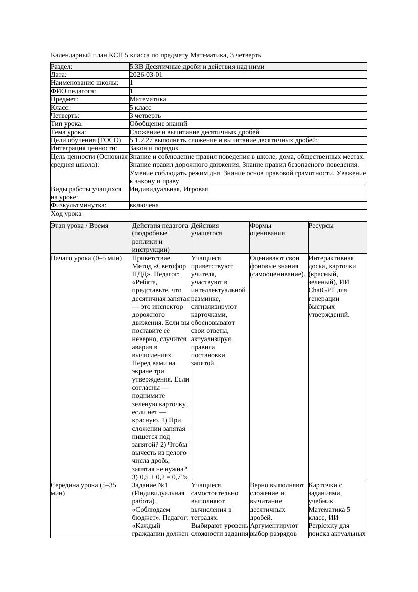 2КСП Математика 5класс 3 четверть Сложение и вычитание десятичных