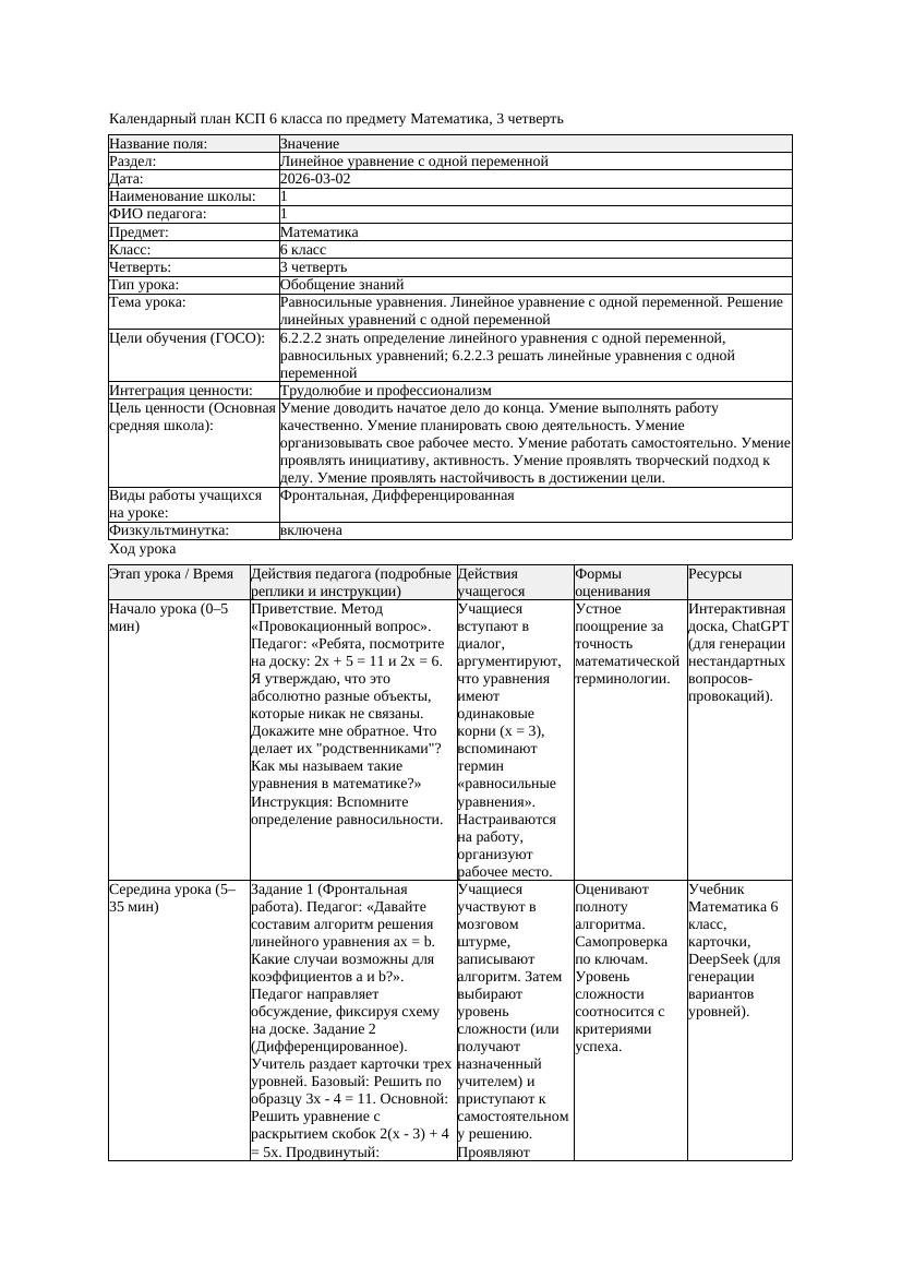 2КСП Математика 6класс 3 четверть Равносильные уравнения Линейное