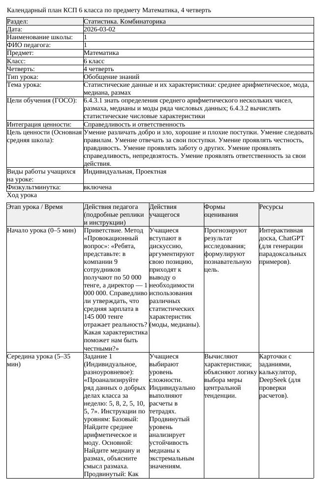 2КСП Математика 6класс 4 четверть Статистические данные и их характеристики