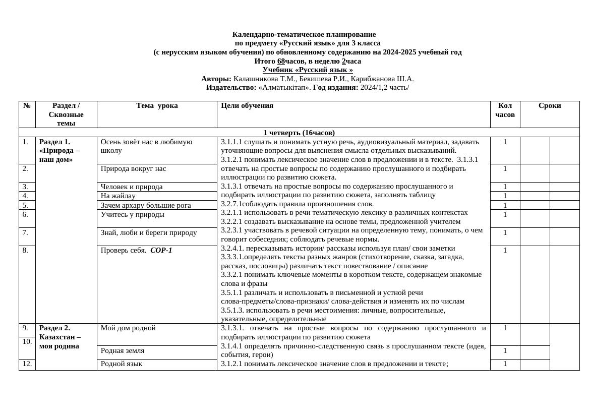 Календарно-тематическое планирование по русскому языку для 3 класса (2024-2