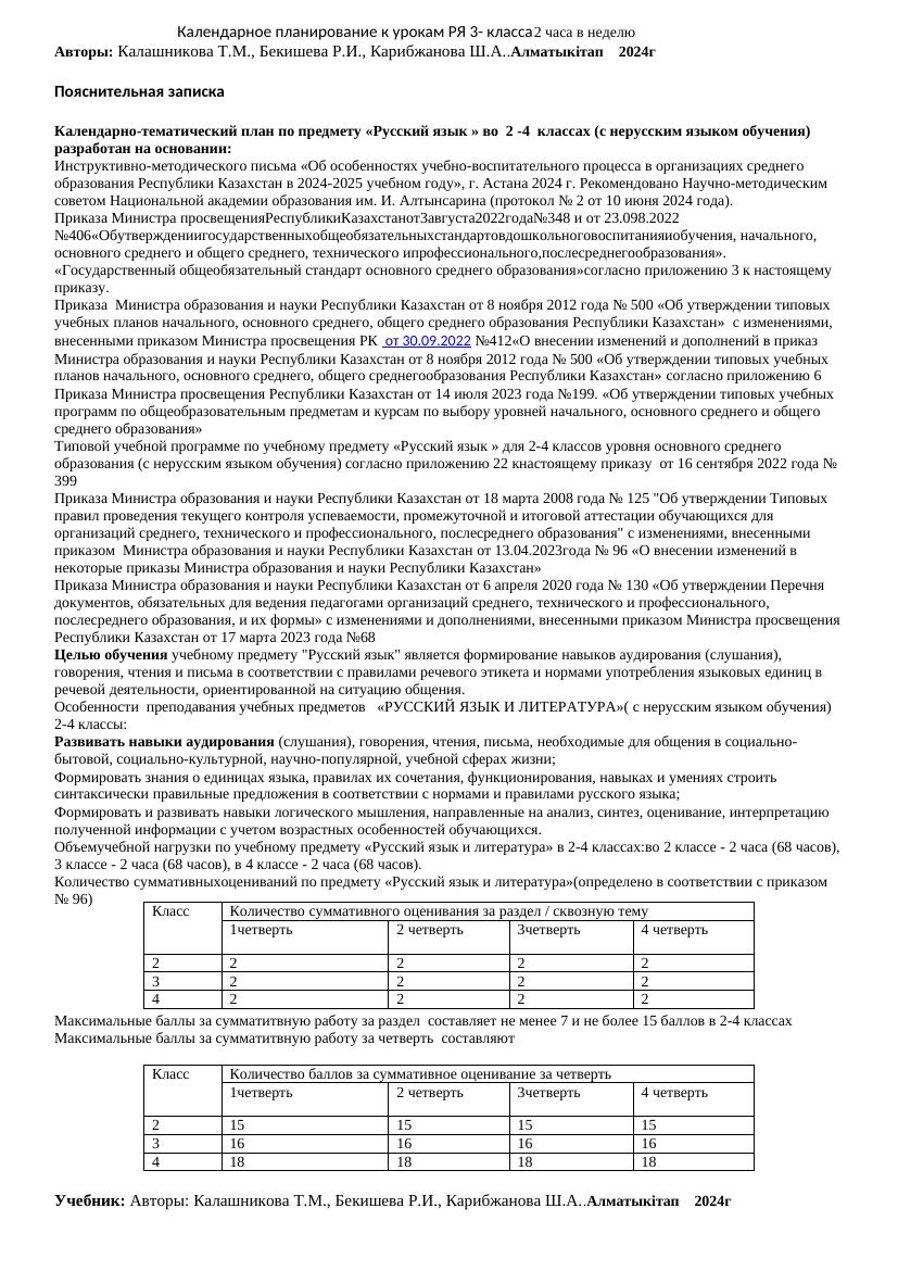 Календарное планирование по русскому языку для 3 класса: 2 часа в неделю