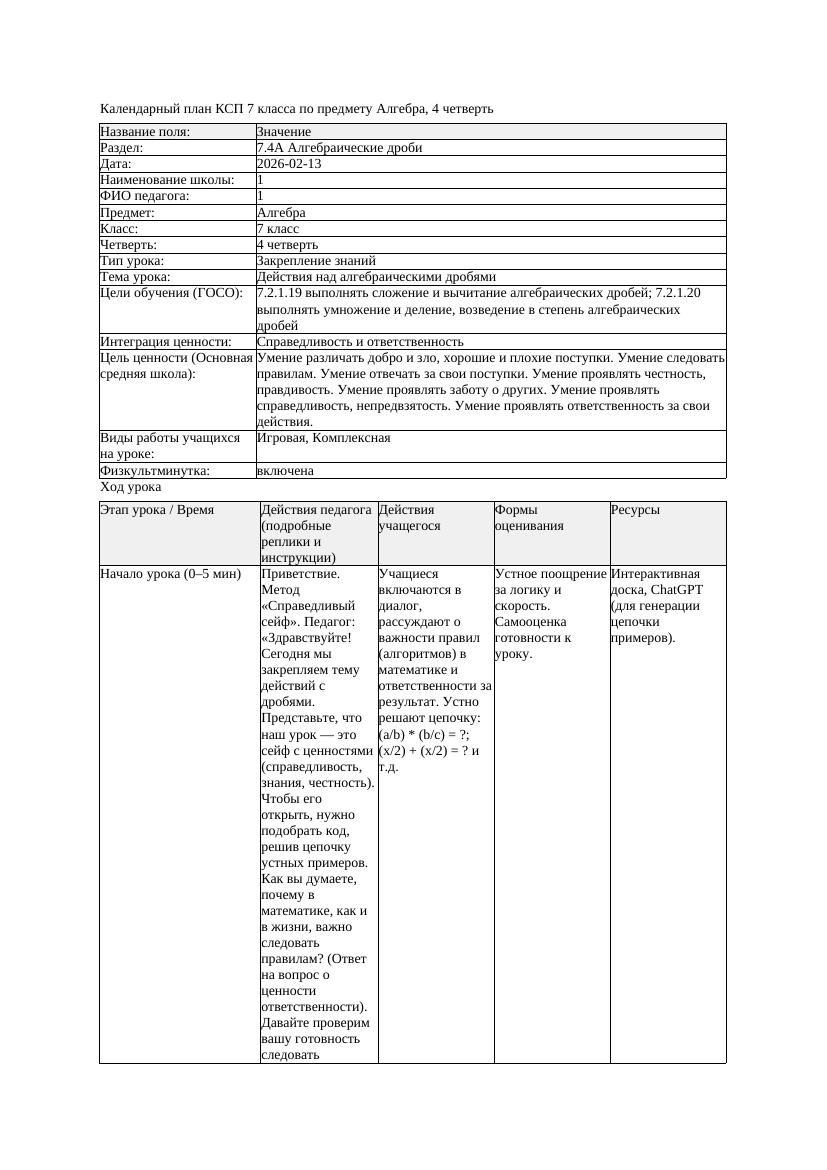 3КСП Алгебра 7класс 4четверть Действия над алгебраическими дробями