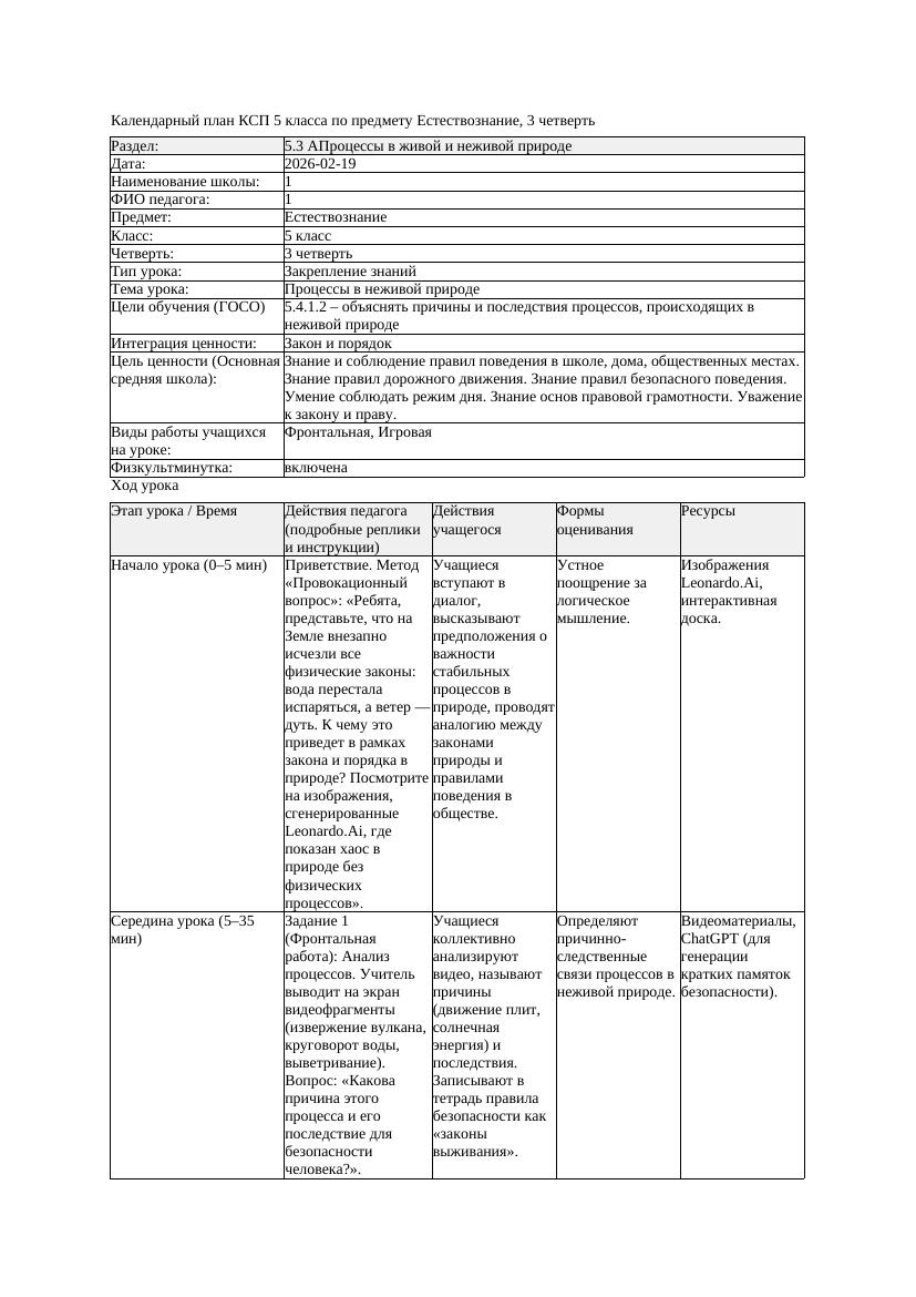 3КСП Естествознание 5класс 3 четверть Процессы в неживой природе