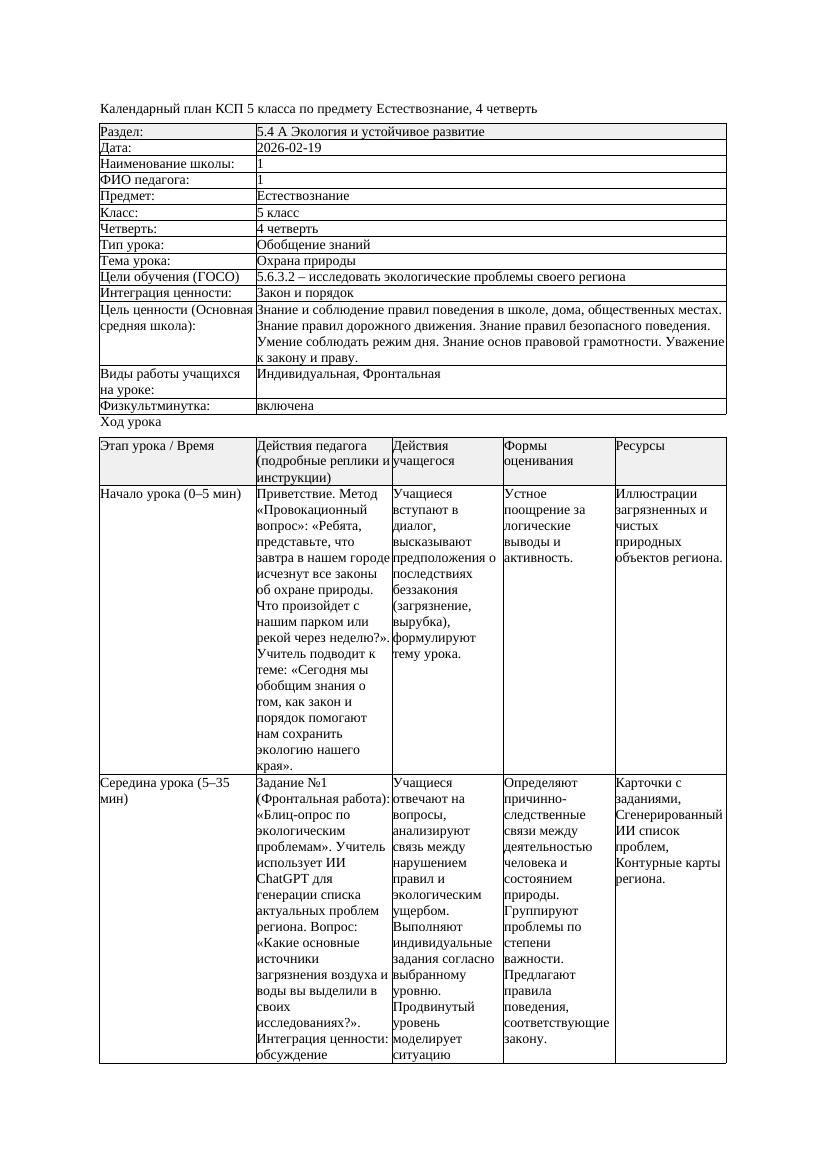 3КСП Естествознание 5класс 4 четверть Охрана природы 20260219 docx