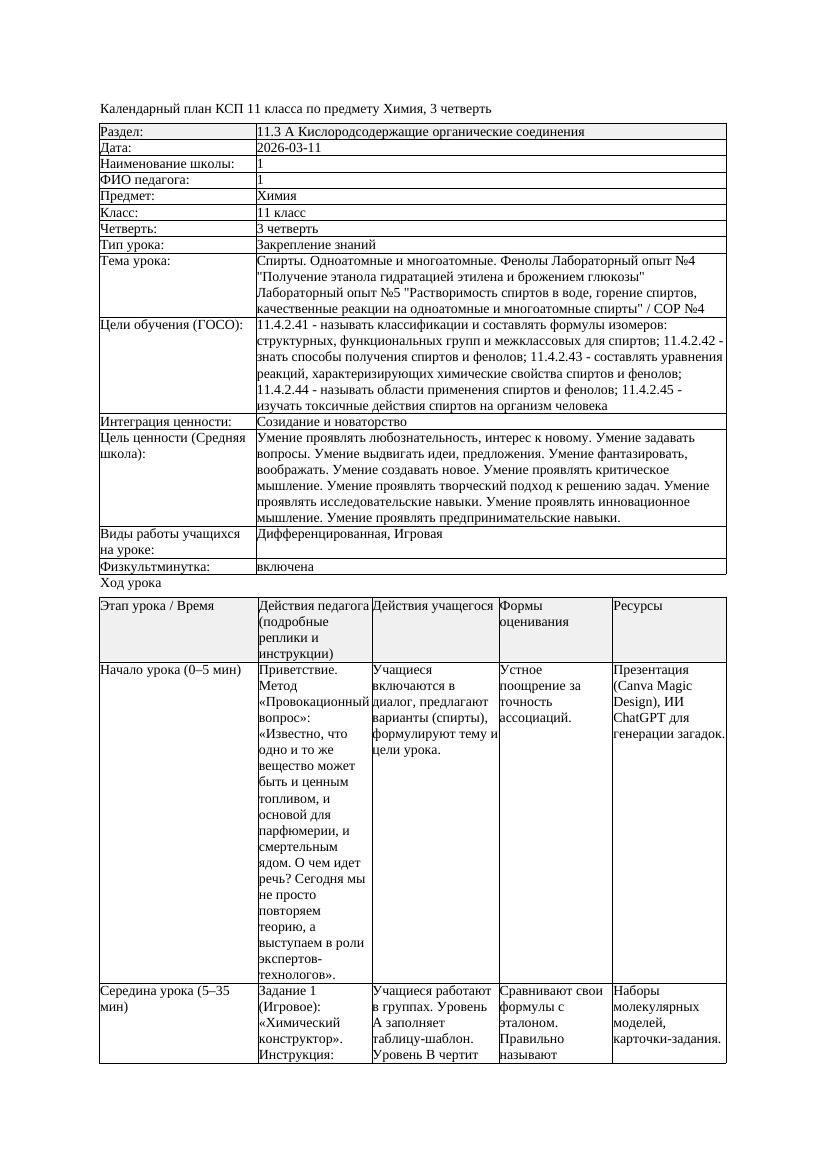 3КСП Химия 11класс 3 четверть Спирты Одноатомные и многоатомные