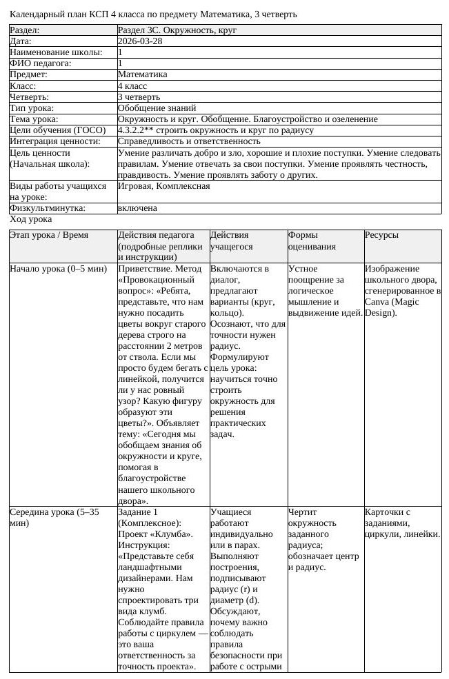 3КСП Математика 4класс 3 четверть Окружность и круг Обобщение Благоустройст