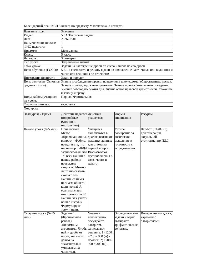 3КСП Математика 5класс 3 четверть Задачи на нахождение дроби от