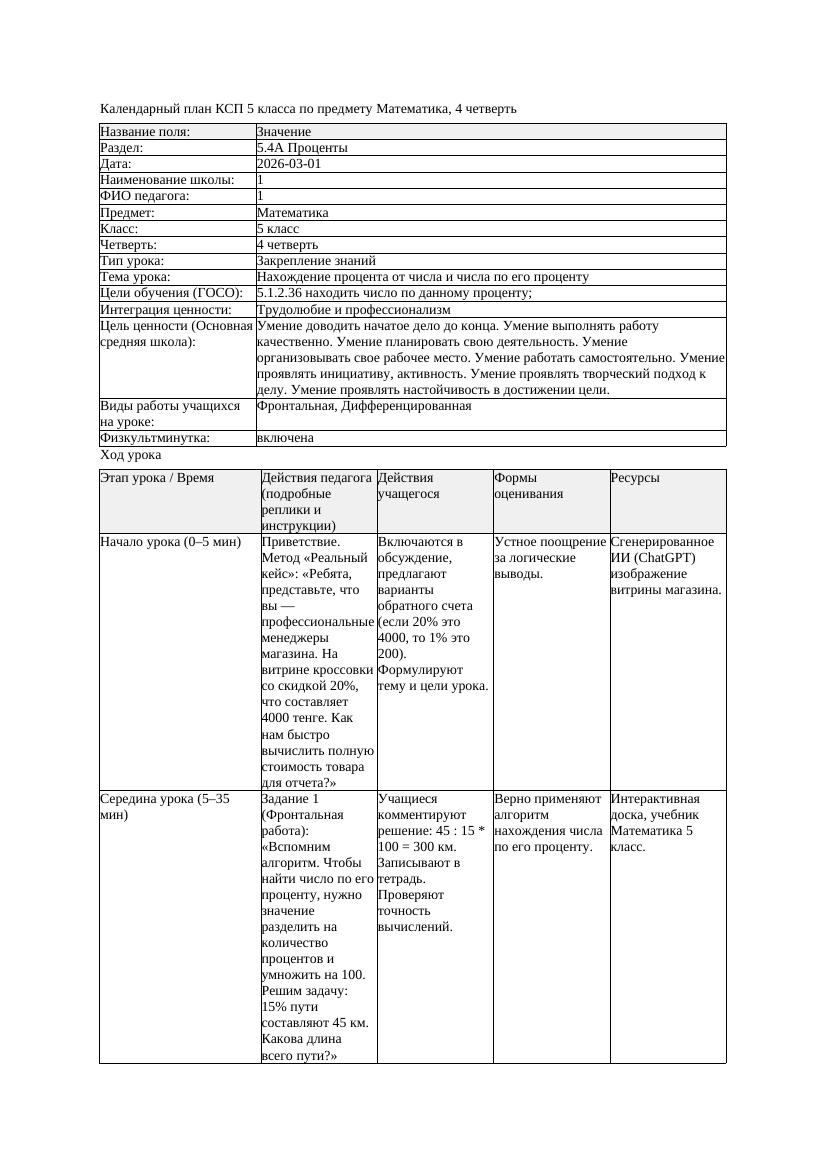 3КСП Математика 5класс 4 четверть Нахождение процента от числа и