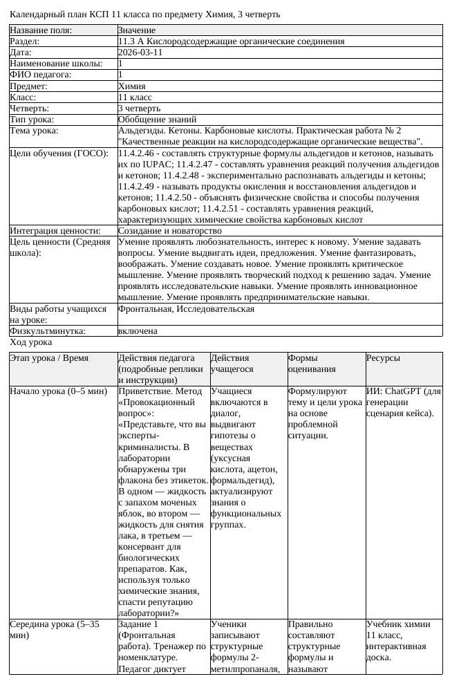 4КСП Химия 11класс 3 четверть Альдегиды Кетоны Карбоновые кислоты