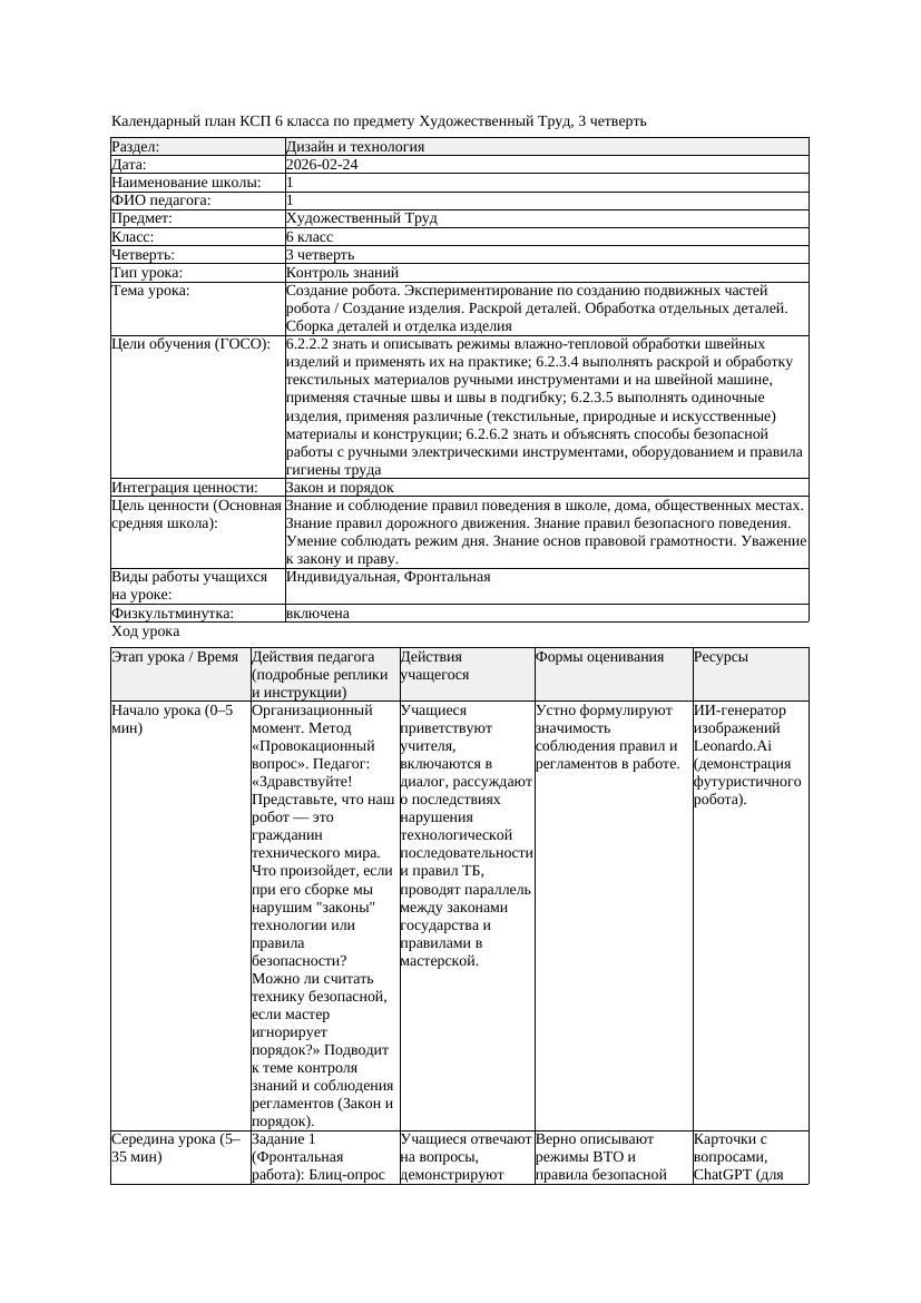 4КСП Художественный Труд 6класс 3 четверть Создание робота Экспериментирова