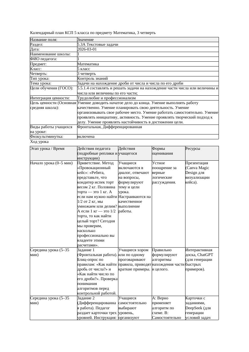 4КСП Математика 5класс 3 четверть Задачи на нахождение дроби от