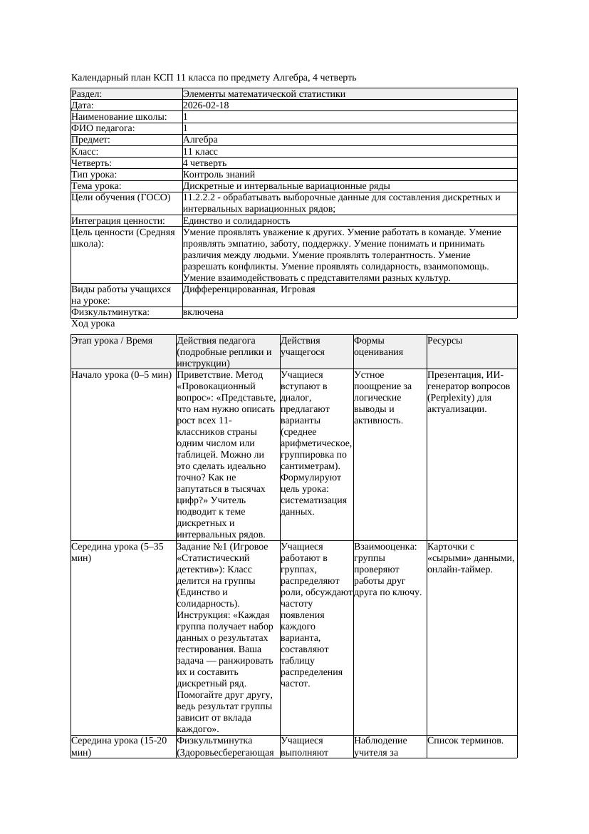 5КСП Алгебра 11класс 4 четверть Дискретные и интервальные вариационные