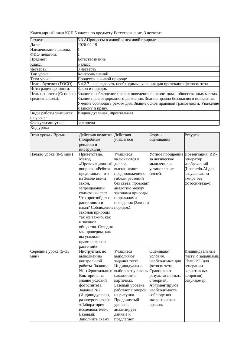 5КСП Естествознание 5класс 3 четверть Процессы в живой природе 20260219