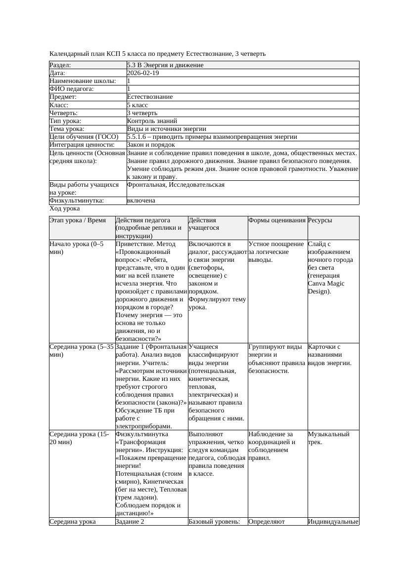 5КСП Естествознание 5класс 3 четверть Виды и источники энергии 20260219