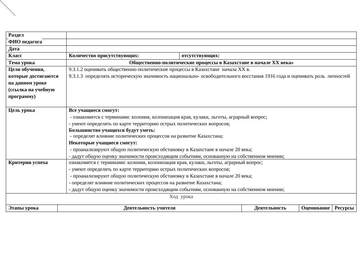 8 класс КСП ИК: общественно-политические процессы в Казахстане в XX веке