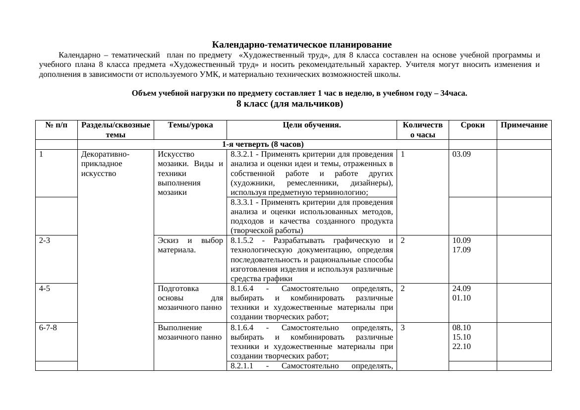 8 КТП  труд 8 класс мальчики