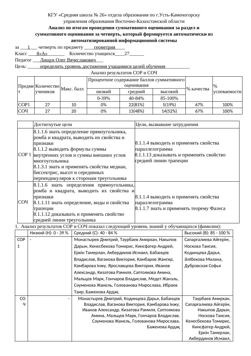 8А Геометрия: Анализ СОР и СОЧ за 1 четверть в школе № 26