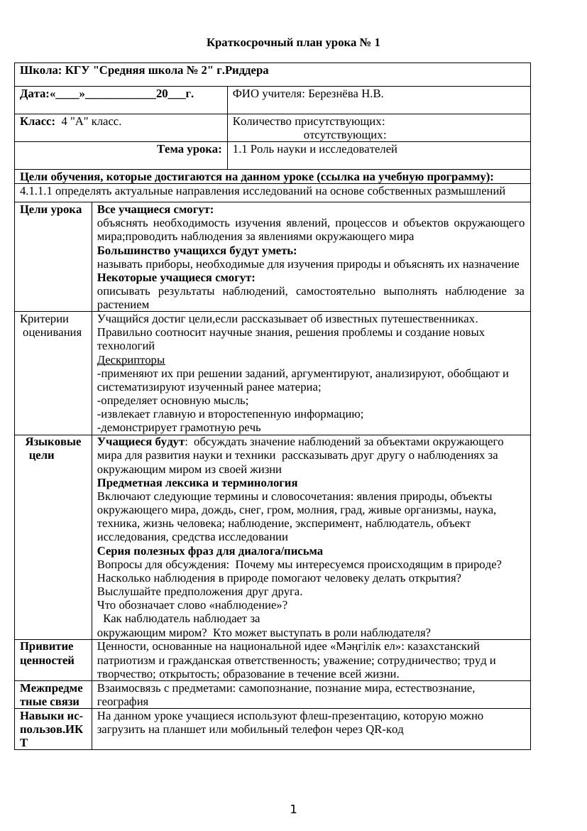 1.1 Роль науки и исследователей: Урок естествознания для 4 класса