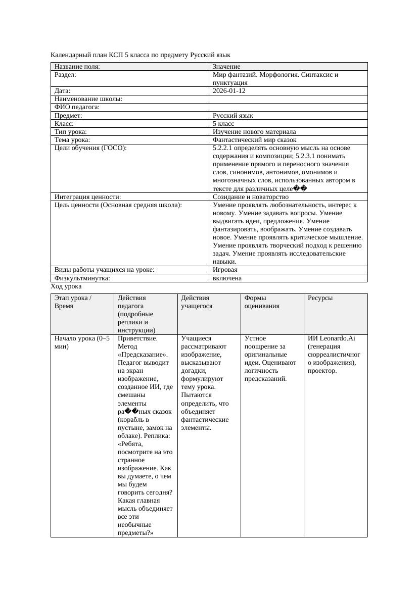 Календарный план КСП 5 класса Русский язык 3 четверть Фантастический