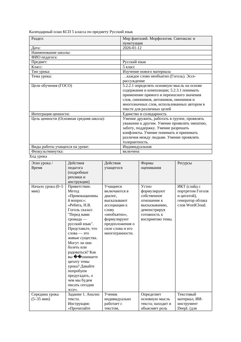 Календарный план КСП 5 класса Русский язык 3 четверть каждое слово