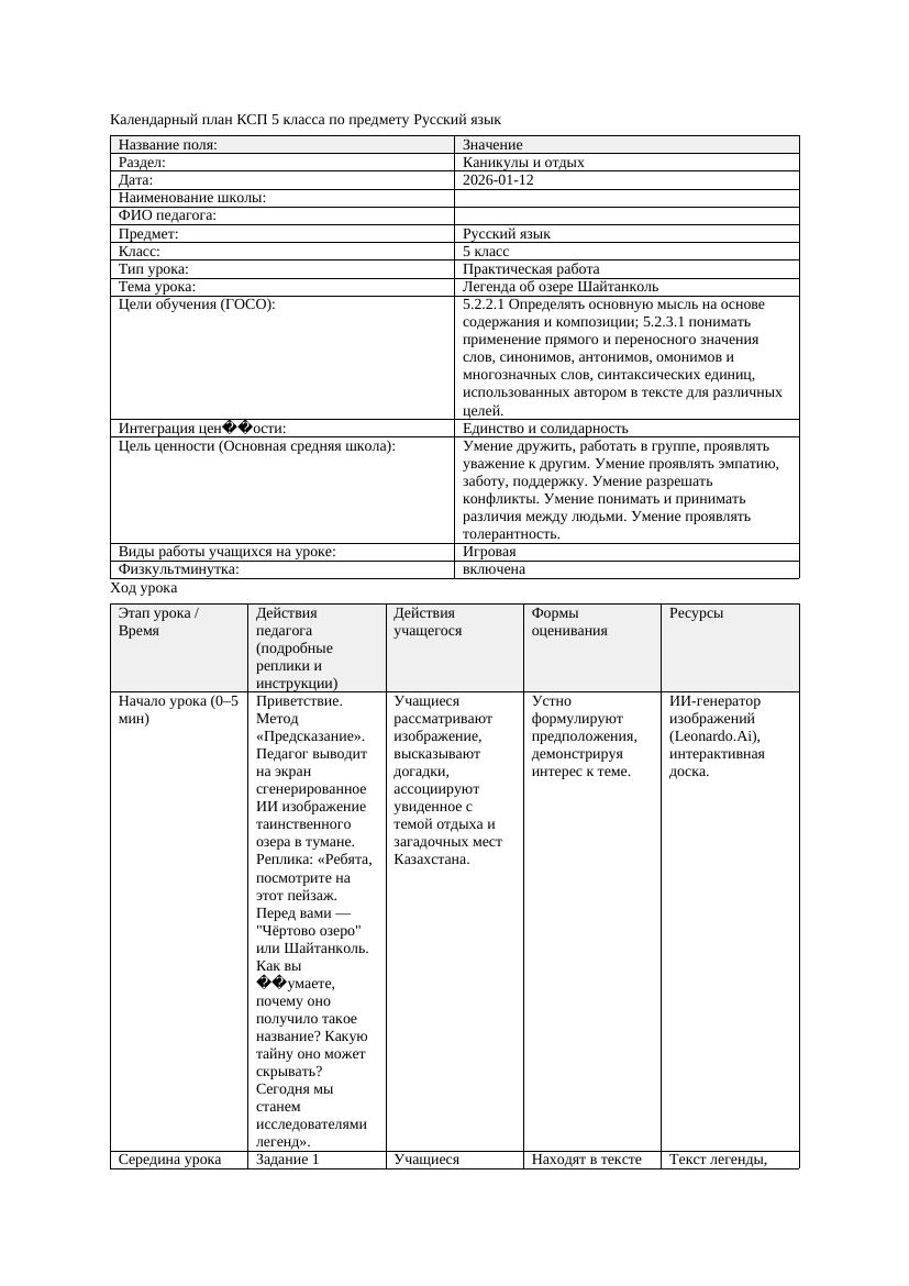 Календарный план КСП 5 класса Русский язык 3 четверть Легенда об