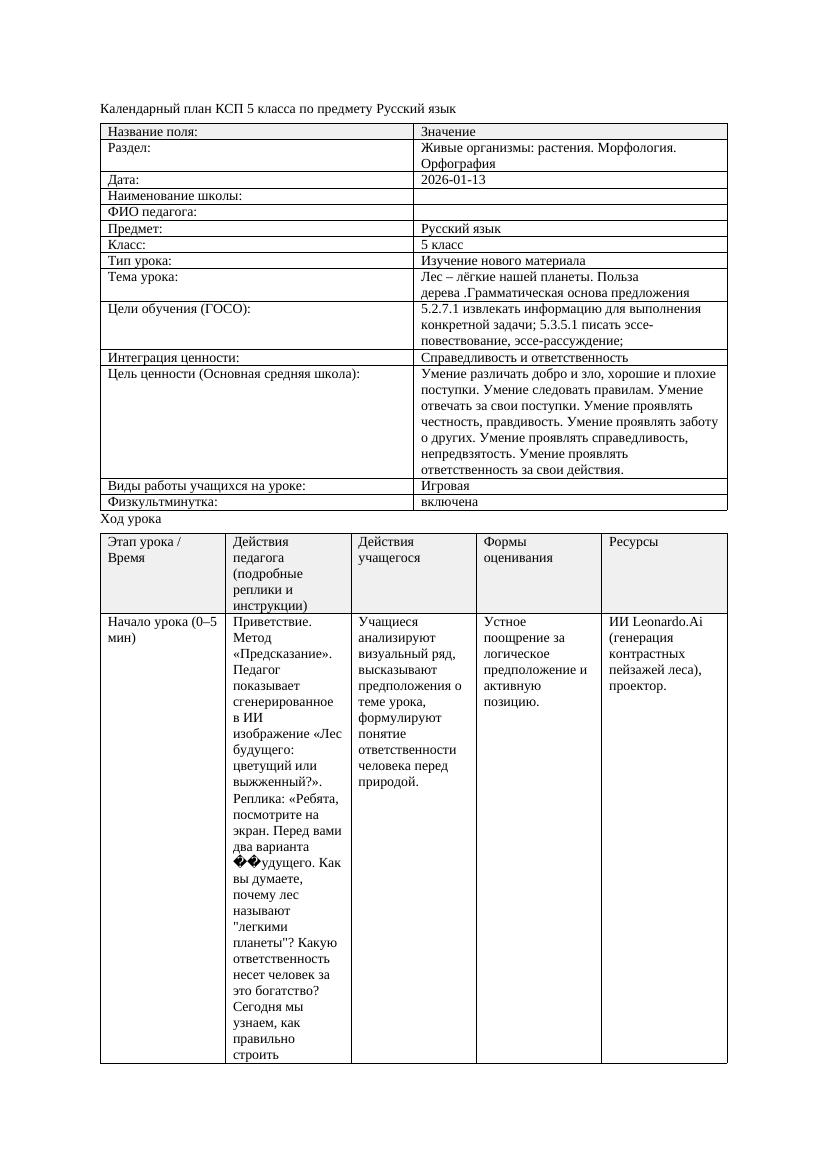 Календарный план КСП 5 класса Русский язык 3 четверть Лес лёгкие