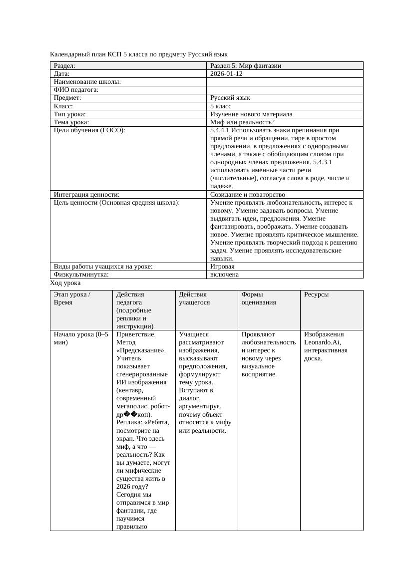 Календарный план КСП 5 класса Русский язык 3 четверть Миф или реальность