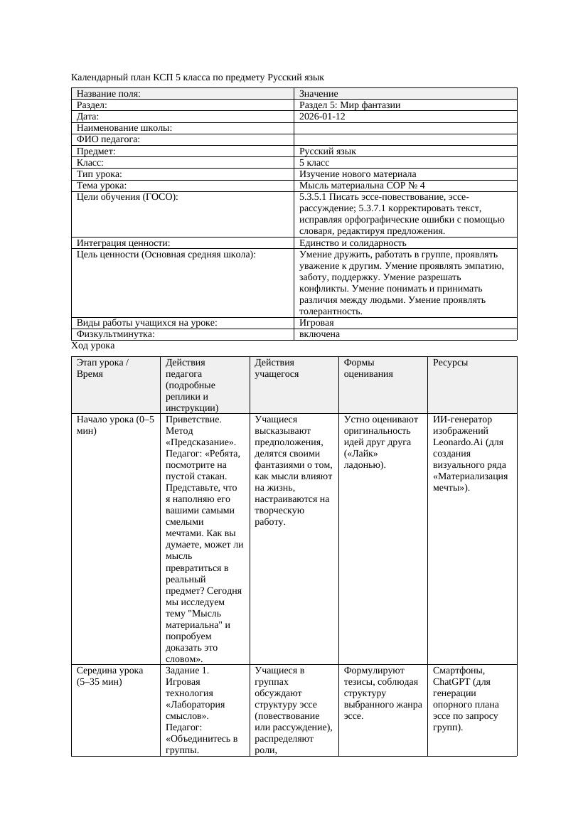 Календарный план КСП 5 класса Русский язык 3 четверть Мысль материальна