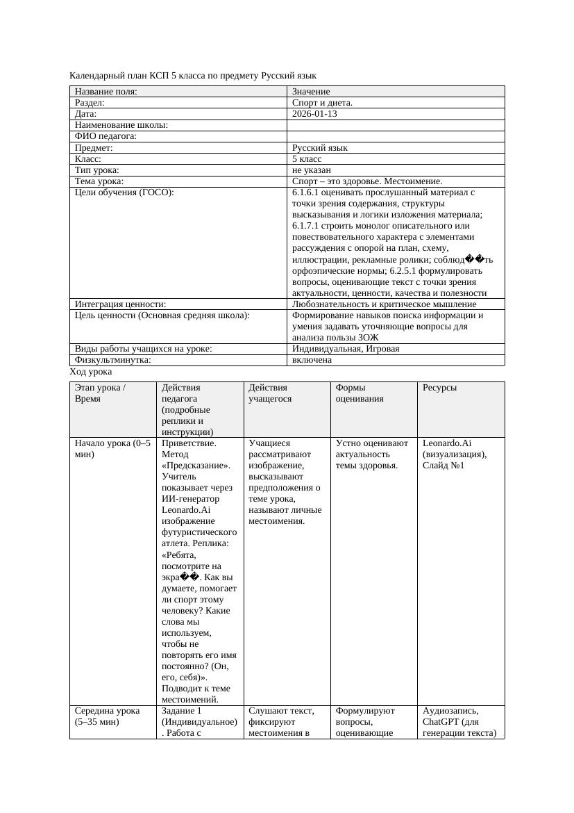 Календарный план КСП 5 класса Русский язык 3 четверть Спорт это