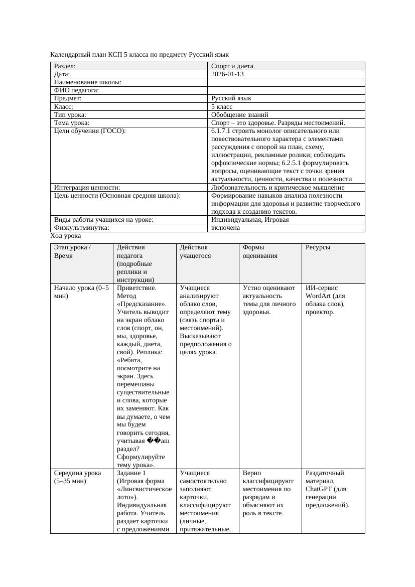 Календарный план КСП 5 класса Русский язык 3 четверть Спорт это