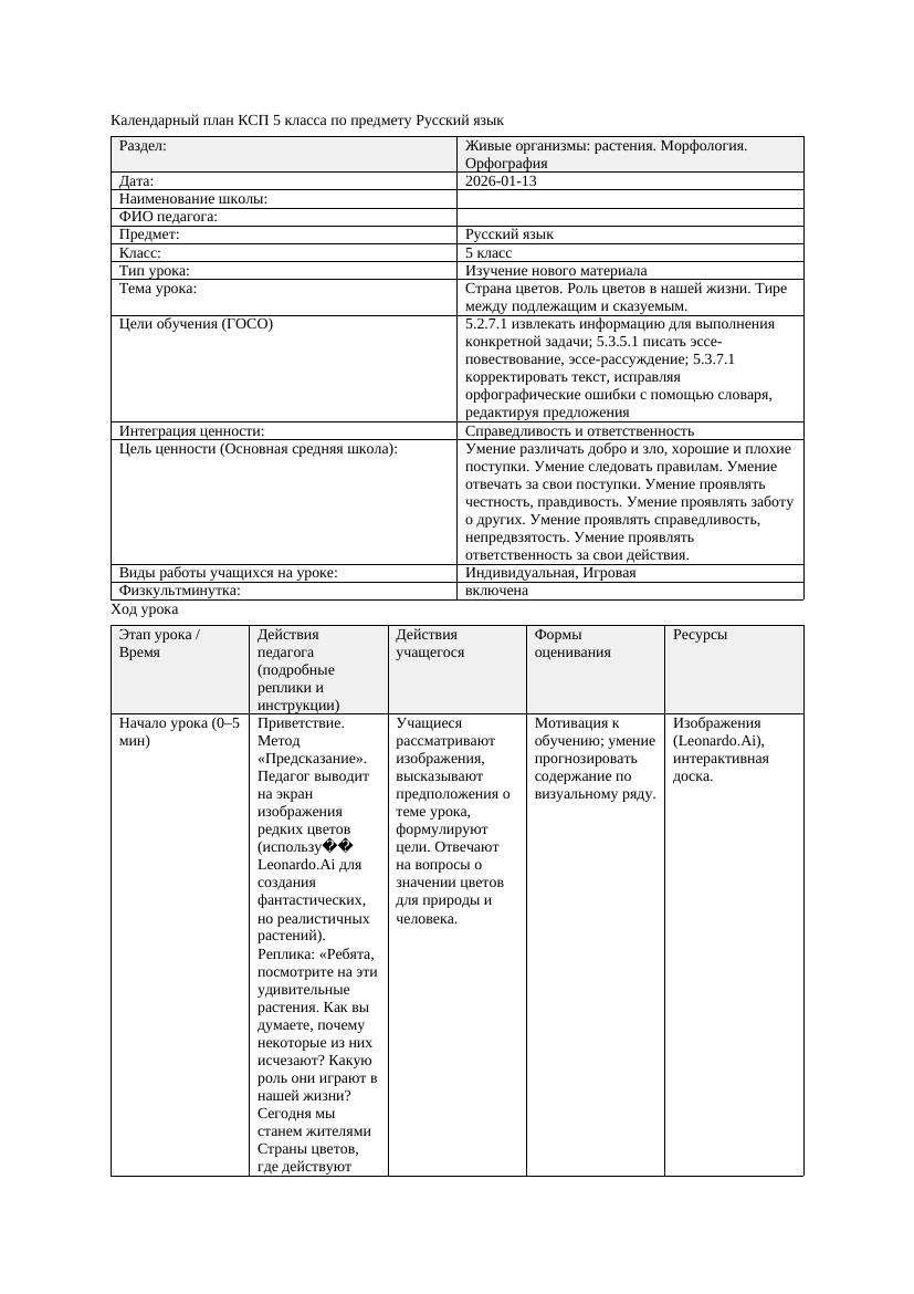 Календарный план КСП 5 класса Русский язык 3 четверть Страна цветов