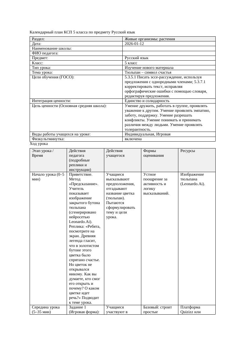 Календарный план КСП 5 класса Русский язык 3 четверть Тюльпан символ