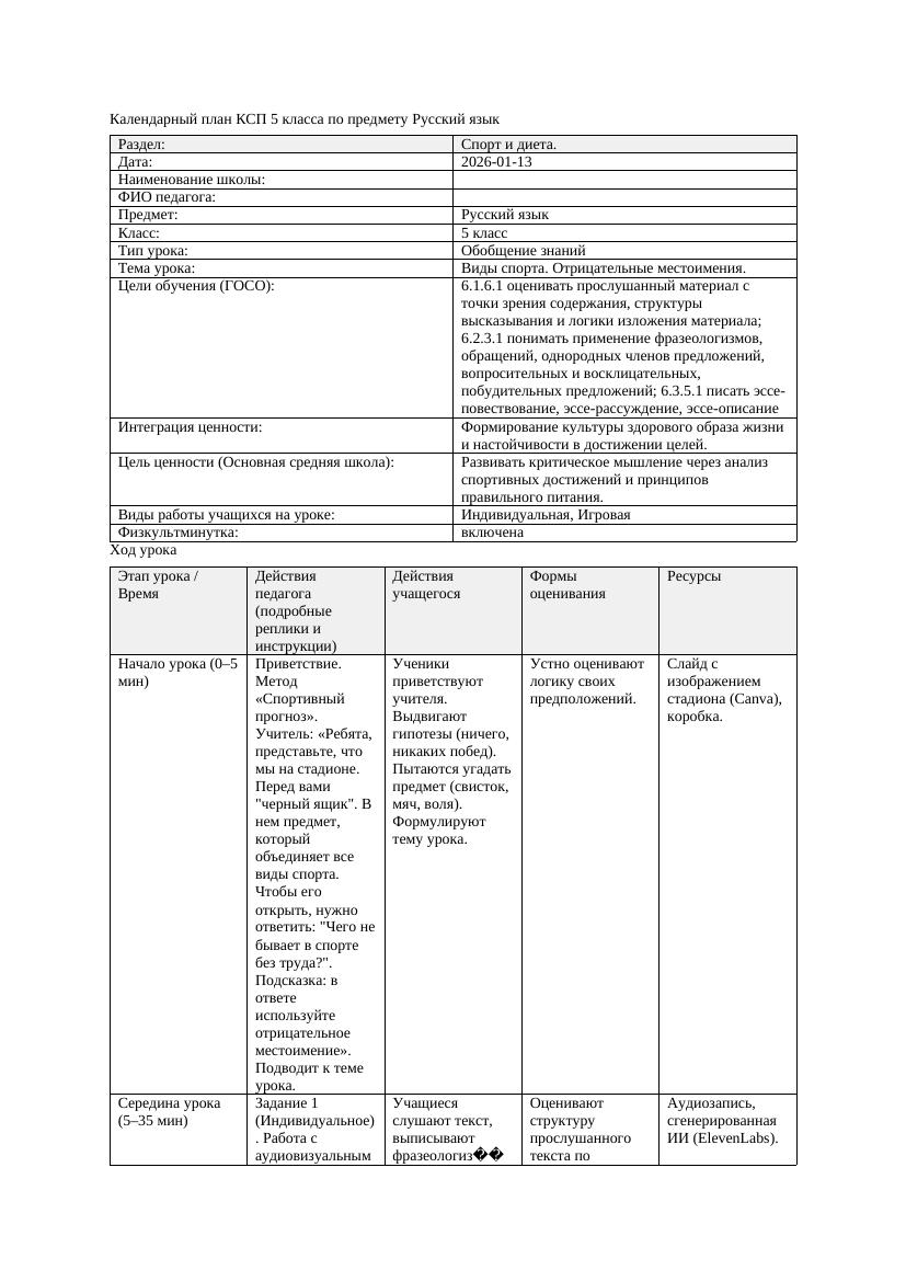 Календарный план КСП 5 класса Русский язык 3 четверть Виды спорта