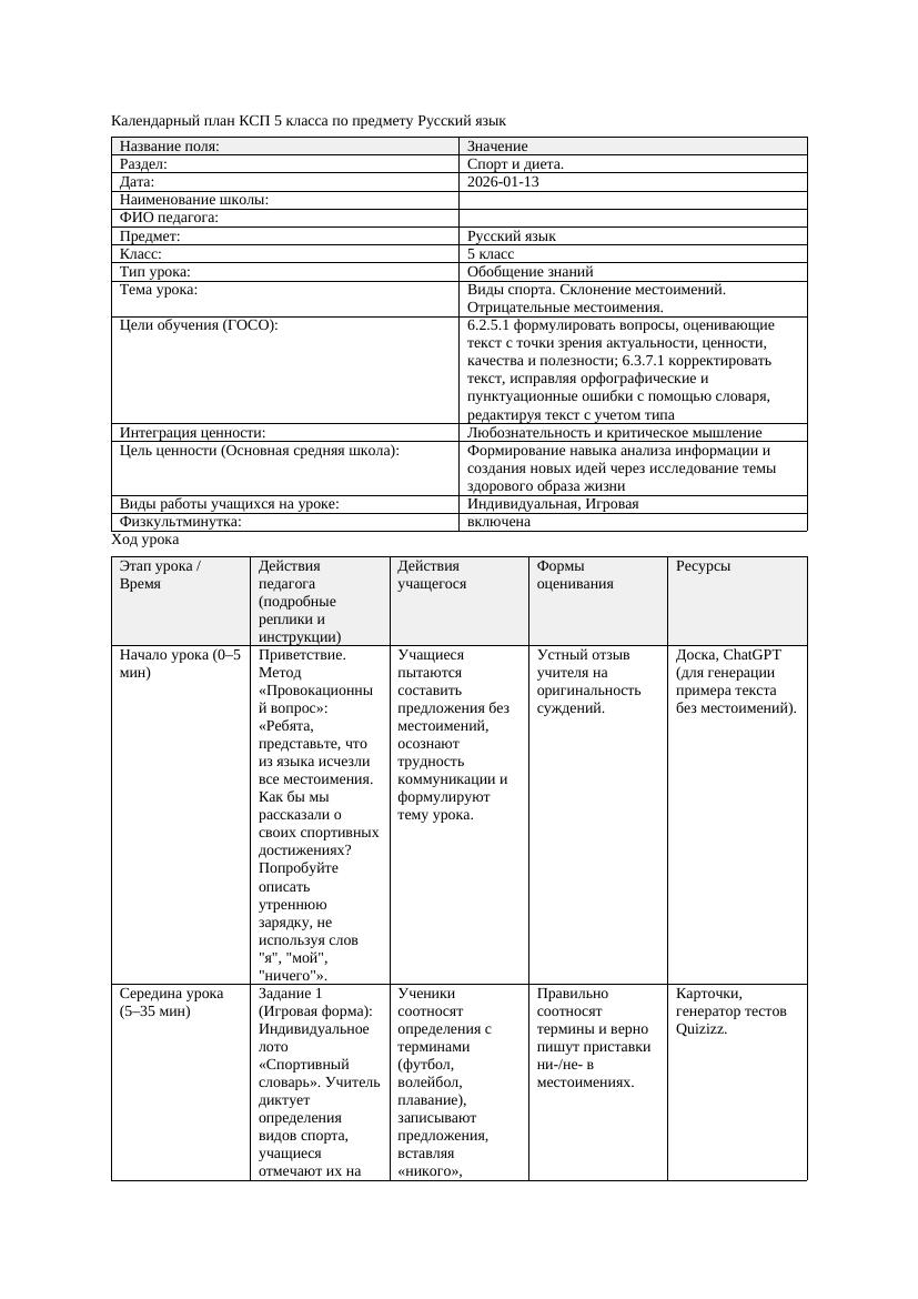 Календарный план КСП 5 класса Русский язык 3 четверть Виды спорта