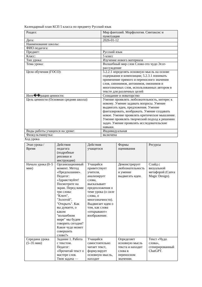 Календарный план КСП 5 класса Русский язык 3 четверть Волшебный