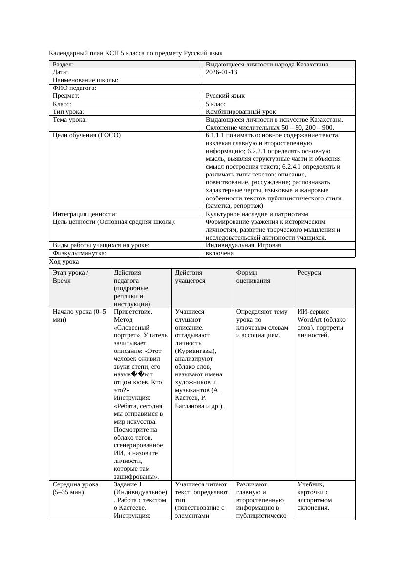 Календарный план КСП 5 класса Русский язык 3 четверть Выдающиеся