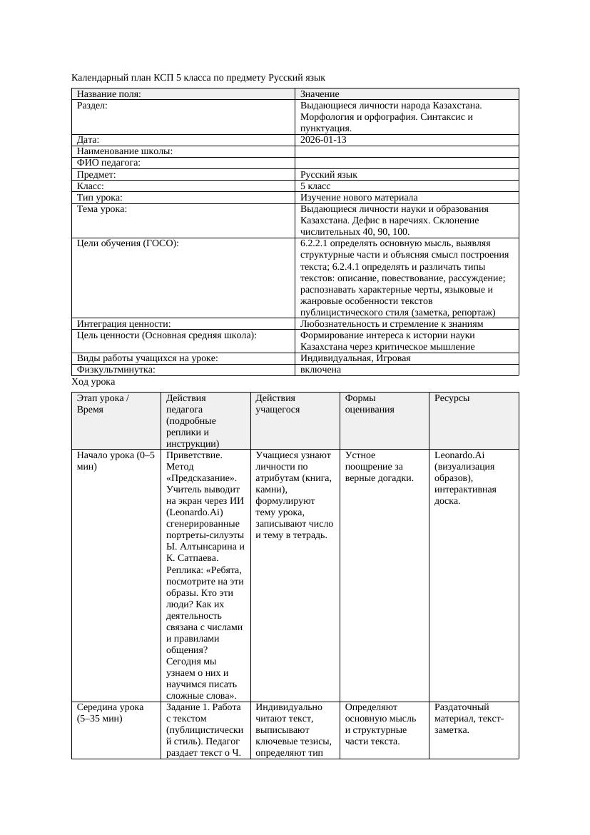 Календарный план КСП 5 класса Русский язык 3 четверть Выдающиеся