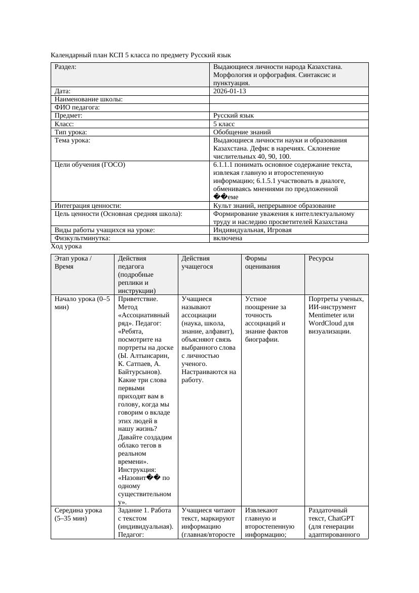 Календарный план КСП 5 класса Русский язык 3 четверть Выдающиеся